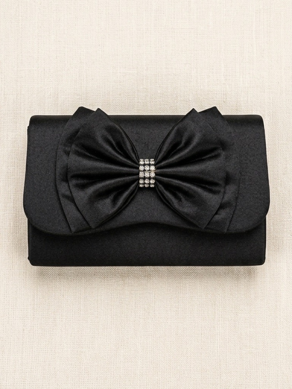 Vintage La Regale Black Satin Convertible Evening Clutch with Rhinestone Bow